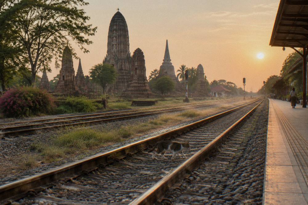 Old stone temple towers rising beside a railway line in a provincial Thai town