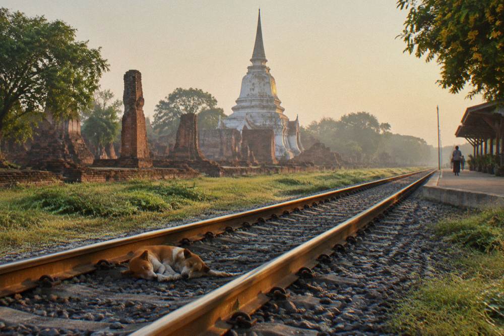 A railway track running past golden stone ruins toward a provincial station