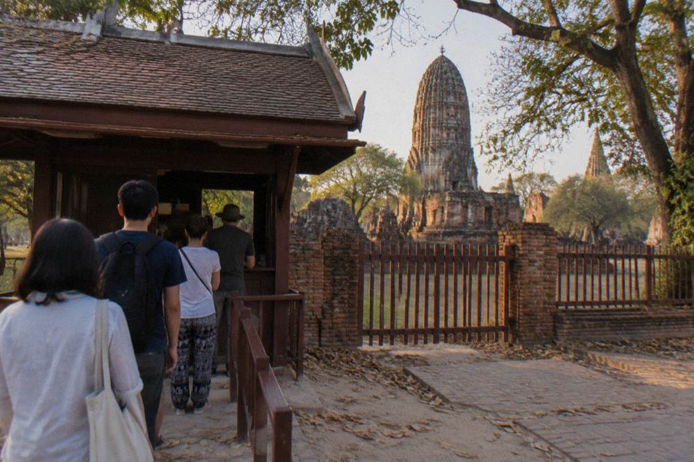 Ticket booth and entrance gate at an ancient Ayutthaya temple ruin