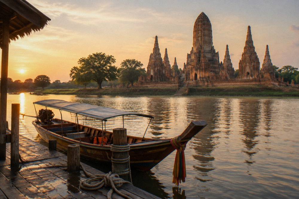 A riverside Ayutthaya temple prang glowing amber above the water at sunset