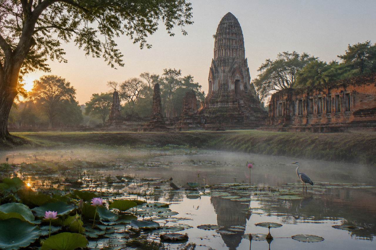 Ancient brick prangs of an Ayutthaya temple seen across open ground in early morning light