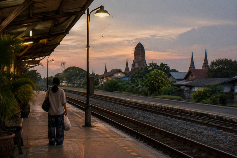 A train station platform and tracks running past a provincial Thai town.