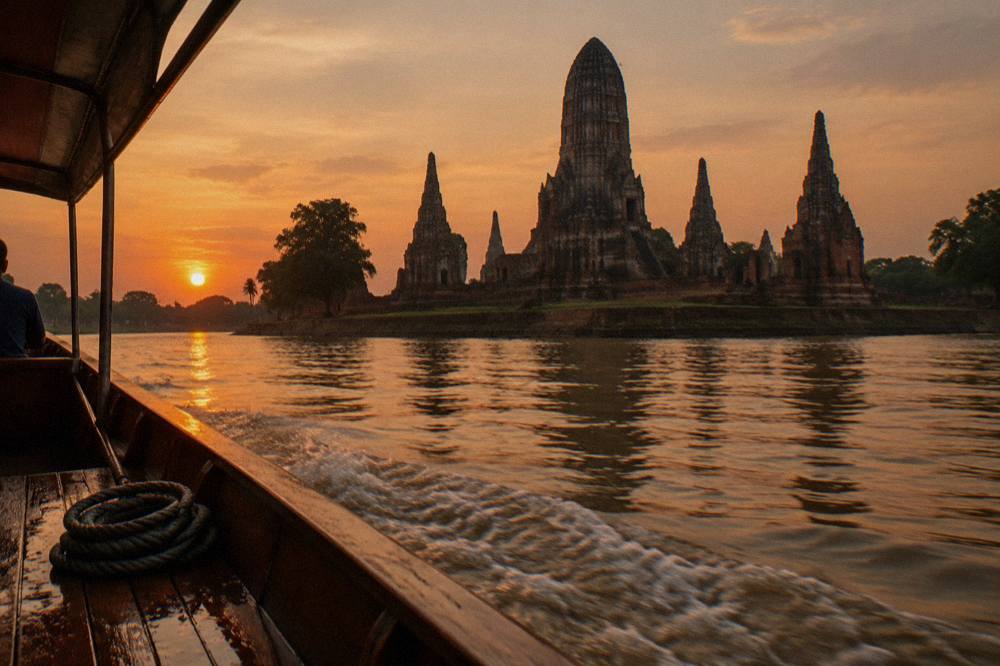Long wooden boat on a wide river passing old brick temple ruins on the bank in warm evening light