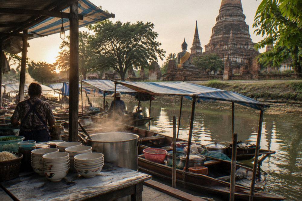 Floating market stalls along a canal with wooden boats moored at the bank