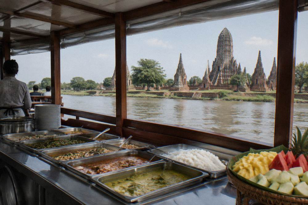 A buffet spread on a river cruise boat with Thai curries, rice, and fresh fruit, overlooking the Chao Phraya River