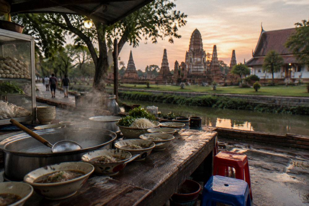 A canal-side noodle stall with small bowls of boat noodles on a wooden counter