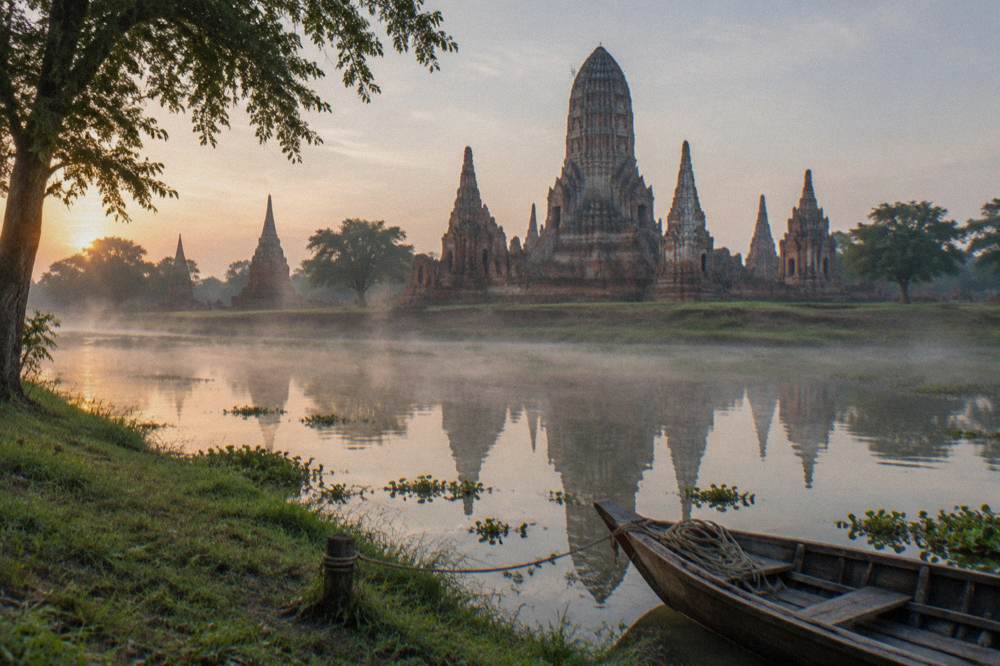 A tall brick prang temple reflected in still water beside a grassy riverbank