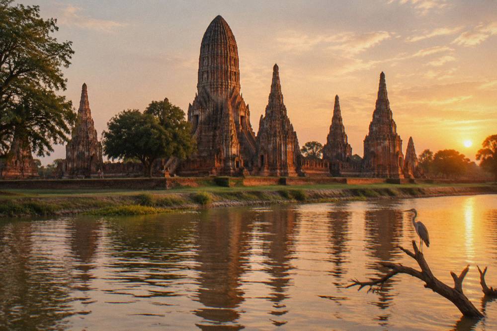 Golden evening light falling on riverside temple prangs beside the Chao Phraya river
