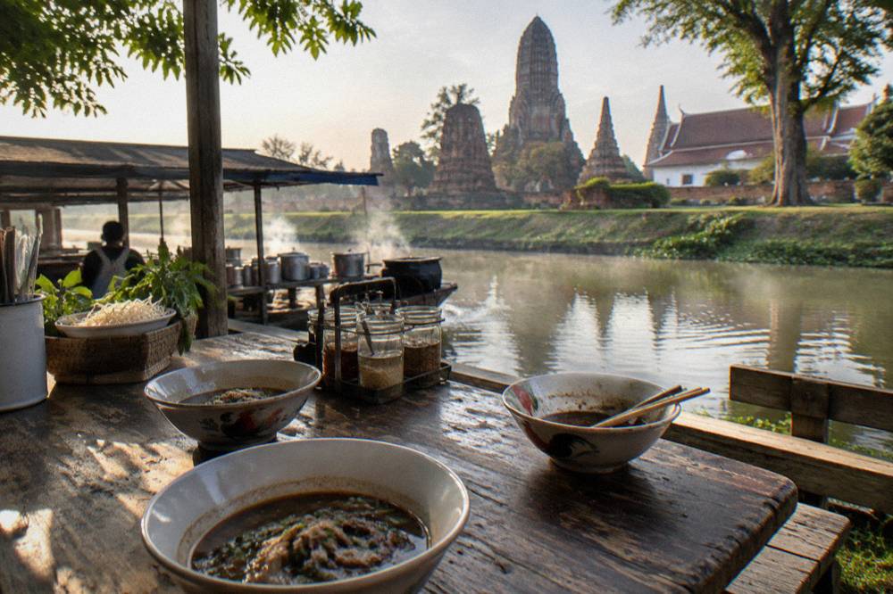 Small bowls of boat noodles served on a wooden table at a canal-side stall in Ayutthaya