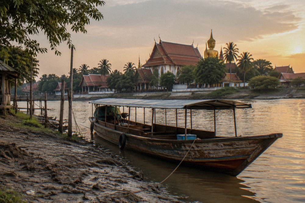 Long wooden river boat moored at a bank with temple ruins behind trees
