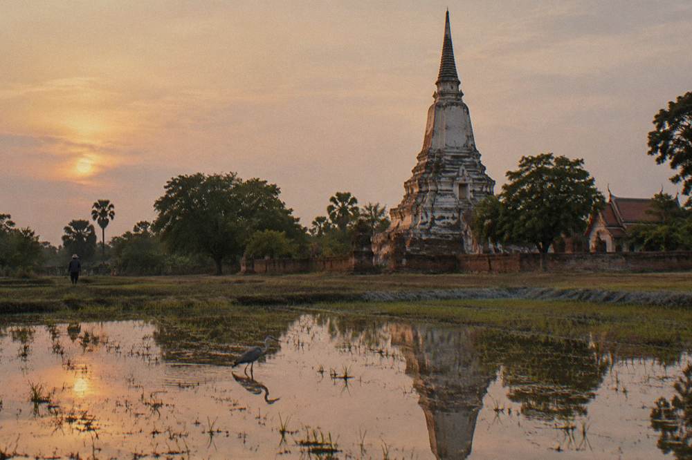 Tall brick prang of an Ayutthaya temple reflected in still water at low light