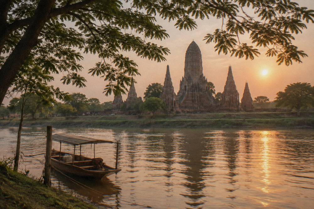 Riverside temple towers seen across a wide calm river in late afternoon light