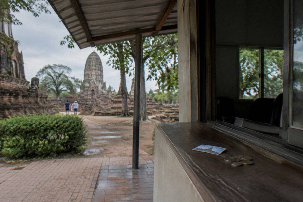 Ticket booth and shaded entrance area at a historic temple site